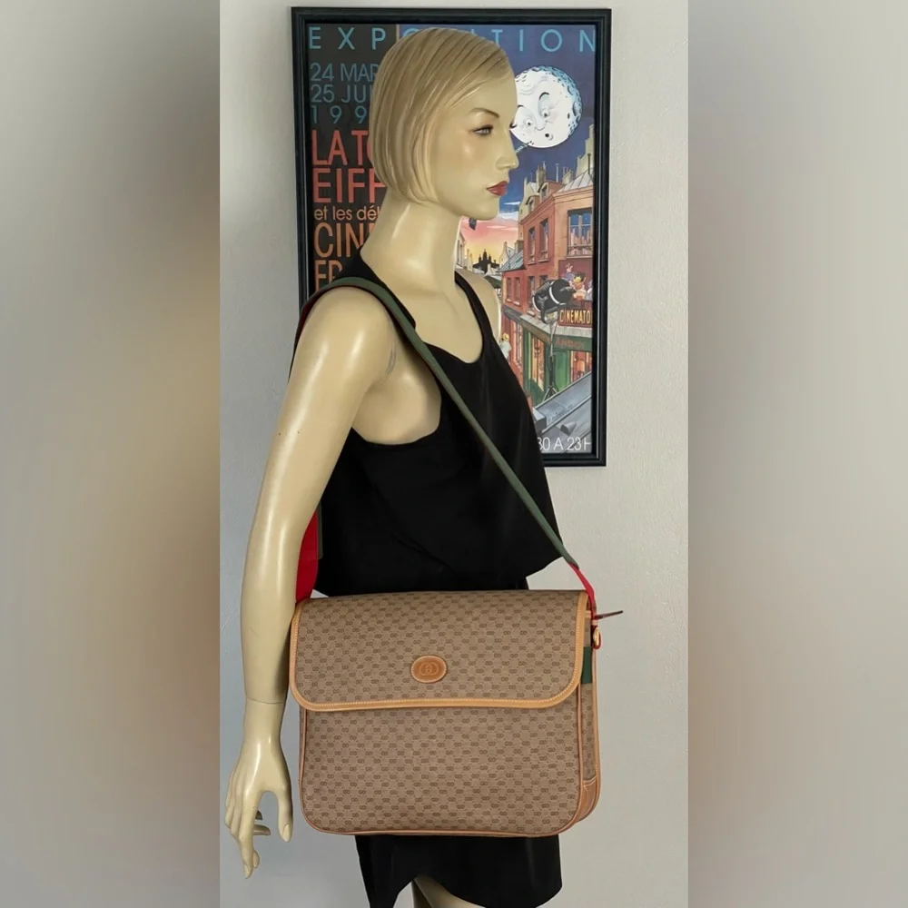 Pristine Vtg Gucci Tan PVC Micro GG Monogram Messenger Shoulder Bag & Pouch - Picture 11 of 16